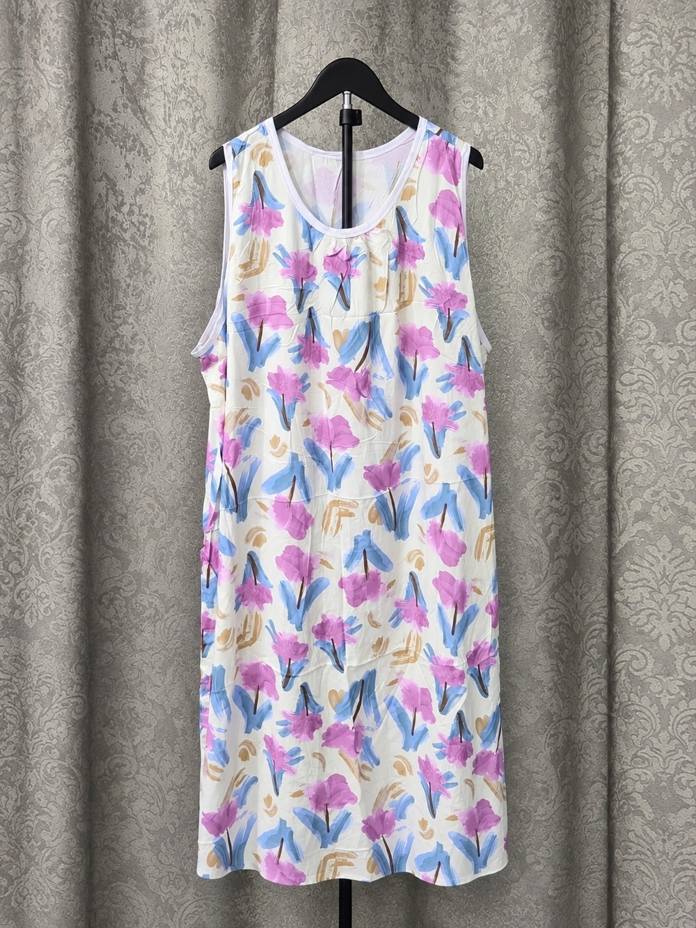 Floral Night Gown - White with Pink & Blue Print